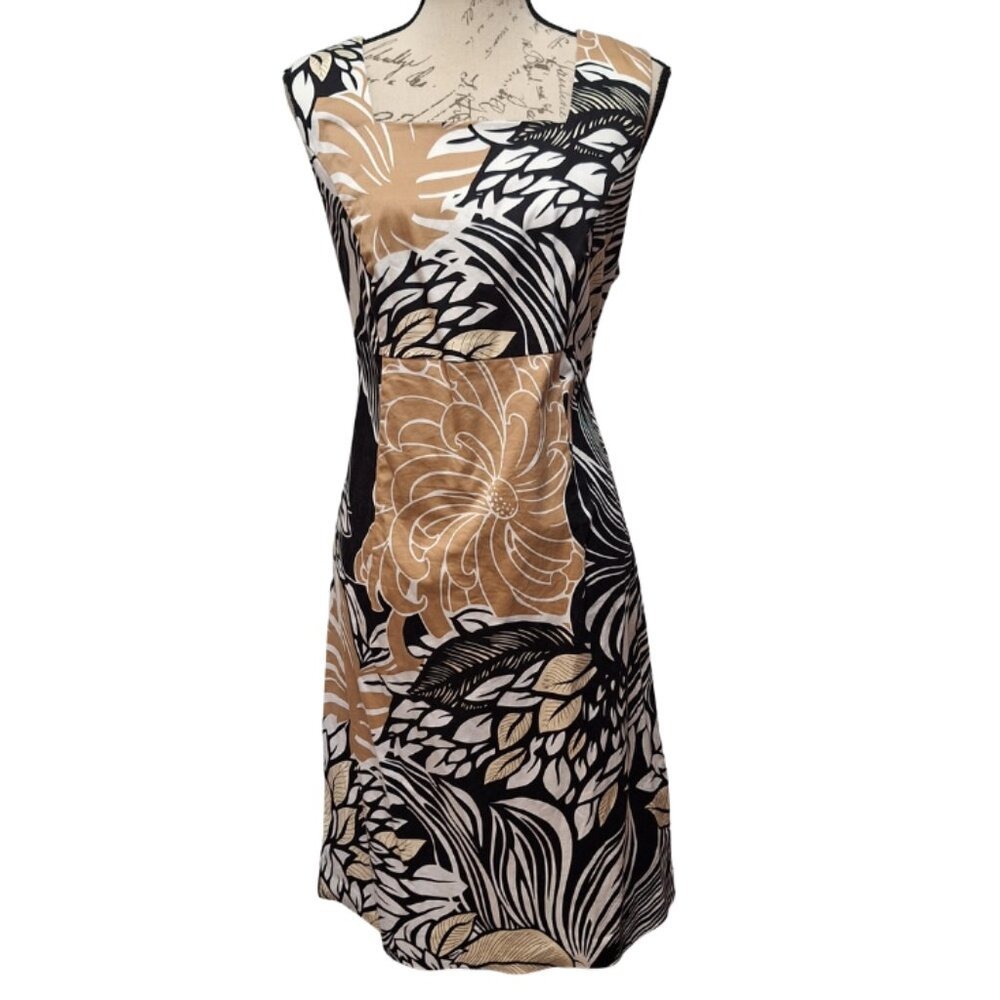 Venus Floral Sheath Dress 12 Sleeveless Square Neck Midi Neutral Retro Office